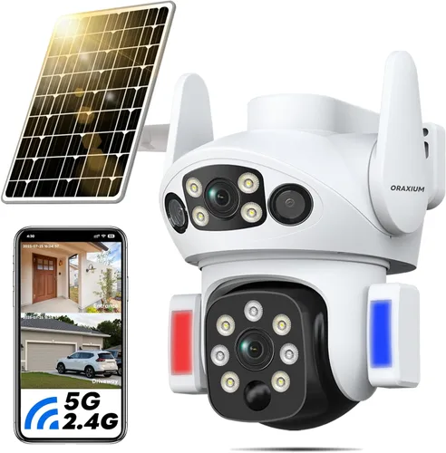 Cámara solar inalámbrica al aire libre, cámara de seguridad de doble lente para casa y granja, alarma de luz y visión nocturna a color, cámara al
