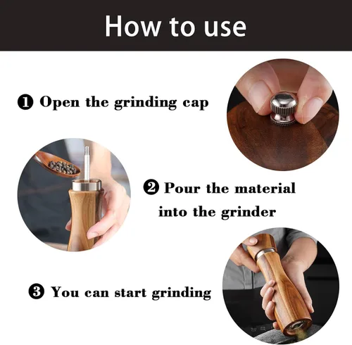 Miniatura 3 de Rectificadora de sal y pimienta de madera de acacia, molienda de cerámica duradera, máquina de pulir manual de anillo de acero con grosor ajustable