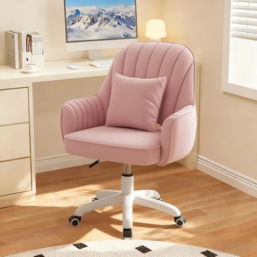 Silla de Oficina para el Hogar de Terciopelo Sillas de Tocador Bonita Silla de Escritorio de Maquillaje con Ruedas Respaldo Medio Sillas de Rosa
