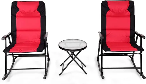 RELAX4LIFE Bistro - Juego de 3 piezas con 2 mecedoras plegables y 1 mesa de cristal para balcón, sillas de patio al aire libre y juego de mesa (rojo)