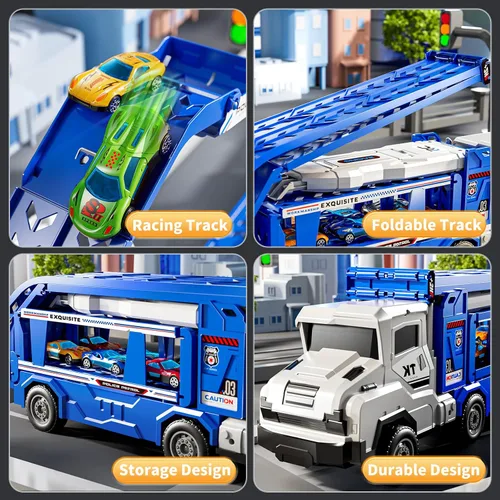 Miniatura 3 de Juego de camiones de transporte para niños de 3 en 1 con pistas de juguetes para niños de 2 a 4 años con 12 juguetes de autos de carreras, pista