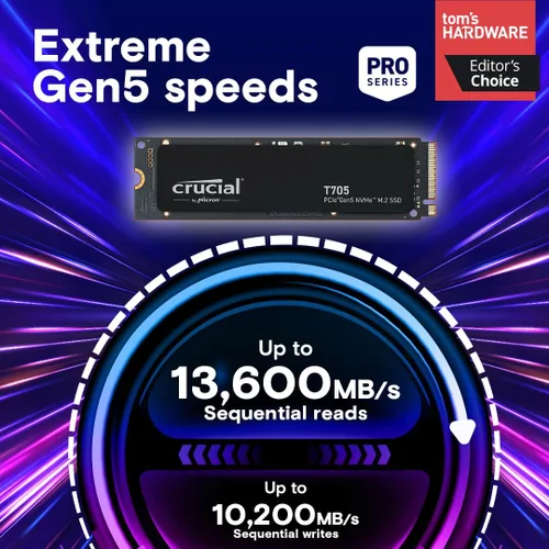 Miniatura 2 de Crucial T705 PCIe Gen5 NVMe SSD de 1 TB, hasta 13,600 MB/s, TLC NAND, compatible con Intel y Ryzen, para juegos intensivos y almacenamiento de alta