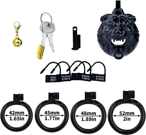 Miniatura 4 de Jaula ligera para el pene dispositivo de castidad con 4 anillos y llaves, jaula de pene masculina con bloqueo invisible y campana, juguetes sexuales