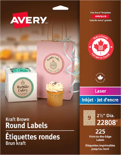 Avery Etiquetas redondas de papel kraft marrón impreso hasta el borde, 2.5" de diámetro, 225/paquete