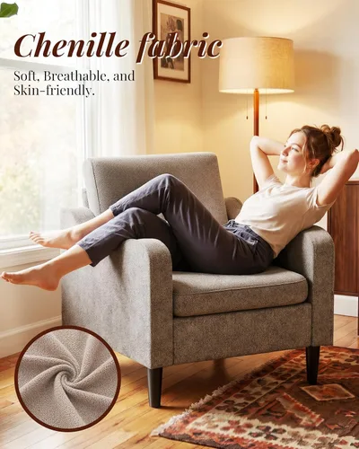 Miniatura 5 de LEVELEVE Silla con brazo Accent – marrón claro, silla de lectura cómoda tapizada para sala de estar, dormitorio, apartamento, sala de espera