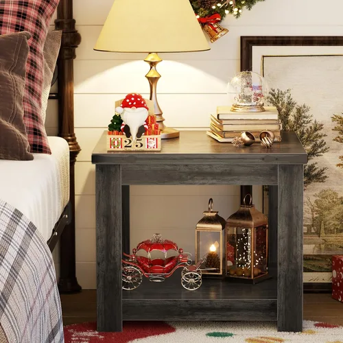 Miniatura 4 de Homieasy Mesa auxiliar, mesa auxiliar cuadrada de 20 x 20 pulgadas para sala de estar, mesa decorativa grande de madera con estante de Roble gris