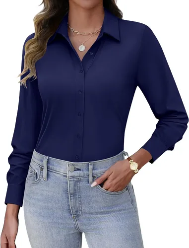 Miniatura 11 de HOTOUCH Camisas con botones para mujer, de manga larga, elásticas, sin arrugas, blusas de trabajo, ajustadas, para la oficina