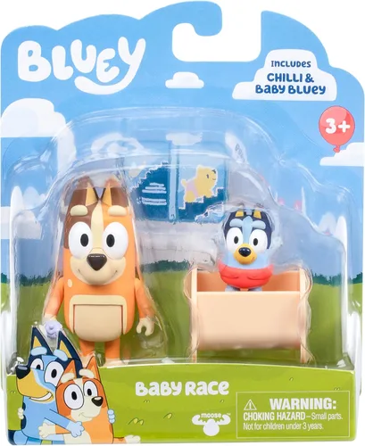 Paquete de 2 figuras articuladas de juguete de carreras de Bluey Baby, juguetes de personajes con Chilli y bebé en cuna accesorio, figuras de acción