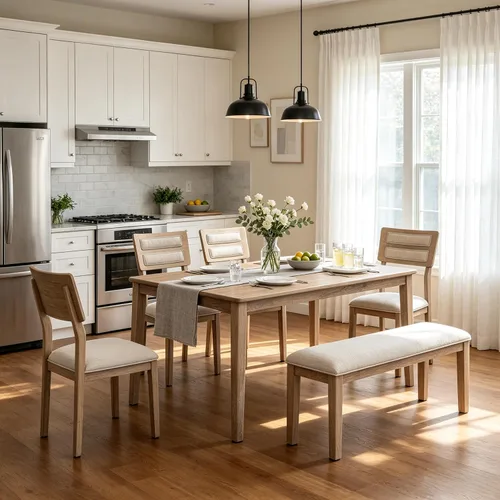 Miniatura 13 de Merax - Juego de 6 mesas de comedor de madera maciza para 6, mesa de cocina rectangular de granja con 5 sillas tapizadas y 1 banco, juego de comedor