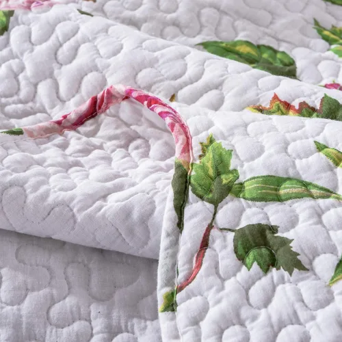 Miniatura 5 de DaDa Bedding Juego de colcha floral de rosas románticas, encantador color rosa y blanco festoneado, colorido, ligero, transpirable, colcha acolchada