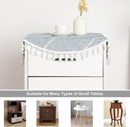 Miniatura 5 de Mantel Redondo Pequeño de Lino Rústico para Mesita de Noche con Rayas Bordadas Lavable Azul Cubierta de Mesa Estilo Granja con Puntadas y Borlas