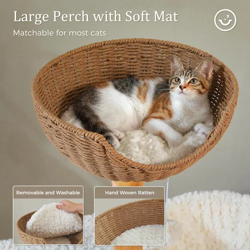 Miniatura 3 de PETEPELA Árbol Rascador Torre Moderno para Gatos Grandes con Percha de Flores, Postes Rascadores de Madera Maciza Natural, Árbol para Gatos Bohemio