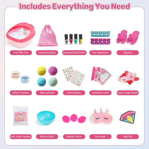 Miniatura 2 de Kit de spa de pies y arte de uñas para niños de 4 a 12 años, juego de spa de pies todo en 1 con luces coloridas y juego de manicura, divertido kit