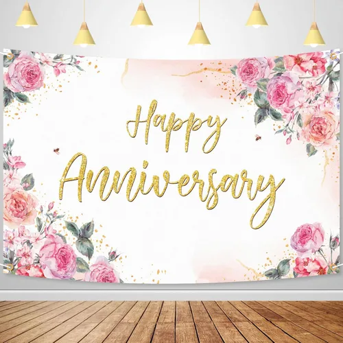 Decoración de telón de fondo de feliz aniversario, diseño floral rosa, decoraciones temáticas de fiesta de aniversario de boda para parejas, hombres
