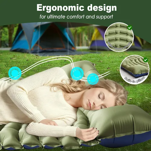 Miniatura 2 de Colchoneta doble para acampar – Colchón de aire ultraligero con almohadas, bomba de pie integrada, alfombrilla portátil inflable compacta para 2