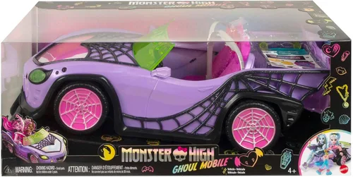 Miniatura 6 de Coche de juguete Monster High, vehículo Ghoul con accesorios para mascotas y enfriadores, convertible púrpura con detalles de telaraña