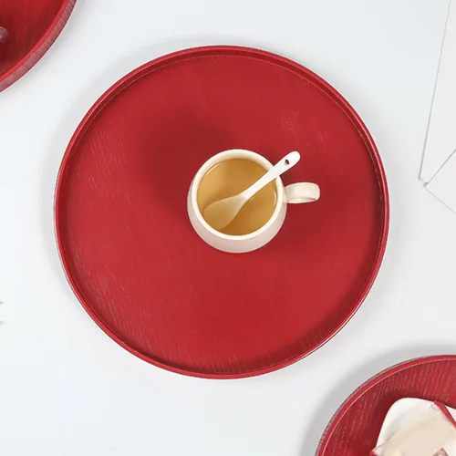Miniatura 4 de Bandeja de madera maciza para servir, plato redondo de 9.45 pulgadas, bandeja otomana de madera para desayuno, bandeja otomana con bordes elevados