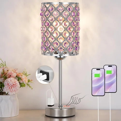 Miniatura 16 de Lámpara de mesa de cristal con control táctil, lámpara de mesita de noche regulable con puertos de carga USB-C+A y CA, lámpara USB dorada de 3 vías