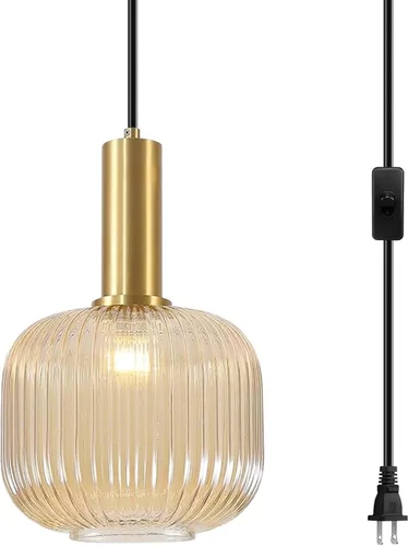 Miniatura 25 de Lámparas colgantes de esquina vintage para sala de estar, lámpara colgante de vidrio acanalado ámbar con cable enchufable, lámpara colgante bohemia