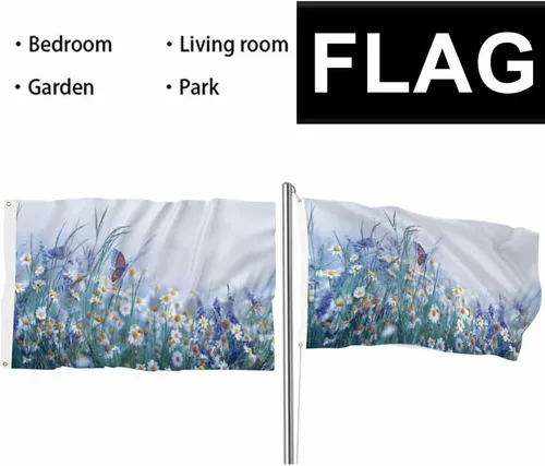 Miniatura 6 de Swono - Bandera de hermosos flores silvestres de 3 x 5 pies, manzanilla, violeta, trébol, mariposas matutinas, naturaleza, bandera de doble cara
