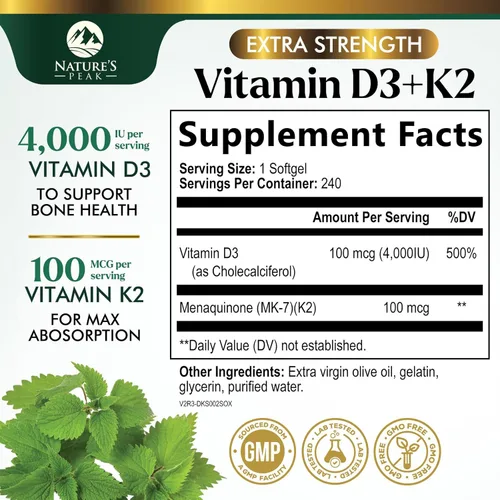 Miniatura 2 de Vitamina D3 K2 - Vitamina D3 4000 UI por cápsula blanda - Suplemento de vitamina D3 de alta potencia - Complejo 2 en 1 Vitamina D y vitamina K2