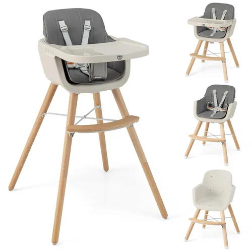 Miniatura 13 de BABY JOY Trona convertible para bebé, 3 en 1, silla alta de madera/asiento elevador/silla con bandeja extraíble, patas ajustables, arnés de 5