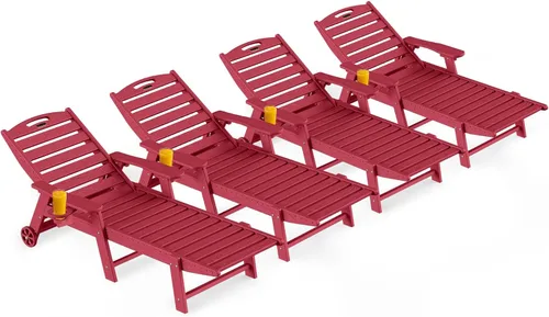 Miniatura 16 de Ciokea Silla de Descanso para Exteriores, Tumbona de Gran Tamaño con 5 Posiciones, HDPE, Silla de Descanso de Patio con Ruedas y Portavasos para Gris