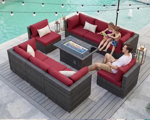 Miniatura 12 de BULEXYARD Juego de 7 piezas de sofá seccional para exteriores con respaldo alto, mesa para fogatas, juego de muebles de patio de mimbre resistente a