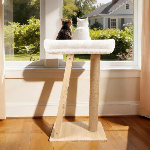 Miniatura 8 de Poste rascador para gatos de 31.5 pulgadas, muebles multifuncionales de madera de pino natural 3 en 1, postes altos para rascar con percha