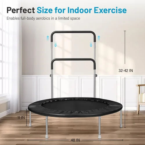 Miniatura 2 de Lyromix - Trampolín rebotador de 40 pulgadas / 48 pulgadas para adultos con barra ajustable, mini trampolín de fitness para adultos y niños, pequeño