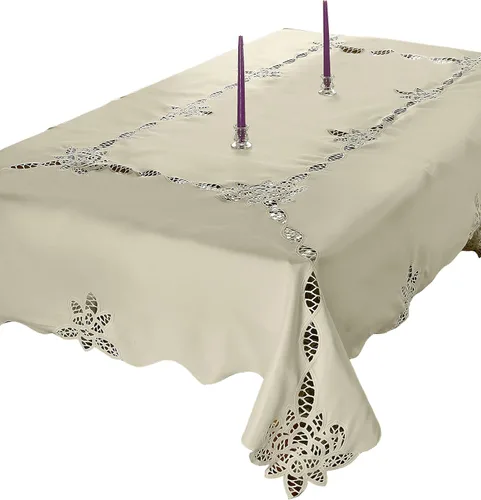 Miniatura 4 de Violet Linen Betenburg Mantel con diseño de encaje, blanco, 70 pulgadas, redondo
