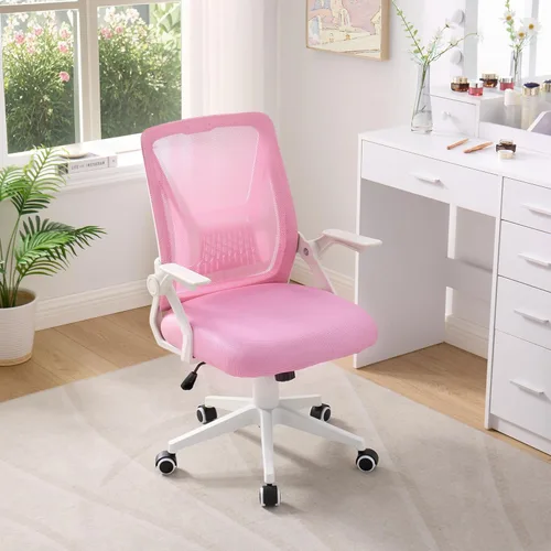 Miniatura 7 de VECELO Silla de oficina ergonómica giratoria de respaldo medio con brazos ajustables, soporte lumbar de malla para trabajo de computadora, rosa