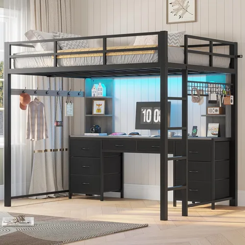 Miniatura 10 de ADORNEVE Cama tipo loft de tamaño completo con escritorio y 8 cajones de almacenamiento, camas loft de metal completas con luces LED y estación