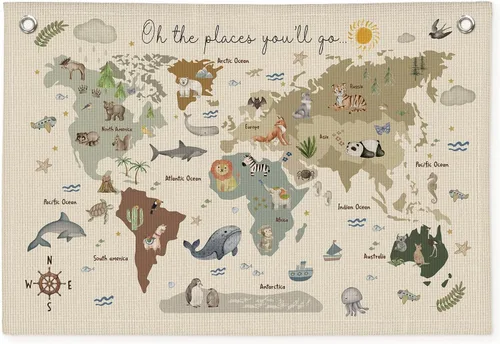Wheatwin Decoración de sala de juegos, pancarta de mapa del mundo para niños, mapas del mundo para pared, mapa del mundo, lindo tapiz de animales