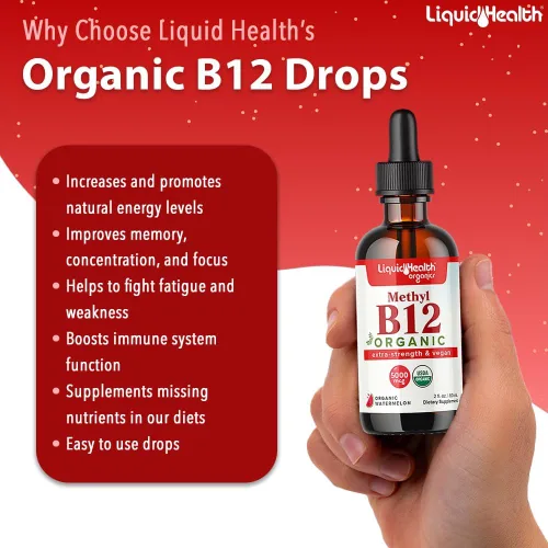 Miniatura 3 de LIQUIDHEALTH USDA Orgánico Gotas Líquidas de Vitamina B12 Metil Metilcobalamina con Jugo de Cereza Agria - Aumenta la Energía, Apoyo Inmunológico