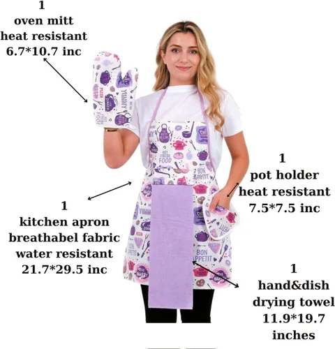 Miniatura 3 de Juego de 4 delantales de cocina, resistente al agua y a las manchas, tela transpirable, guantes y guantes para horno, soporte para ollas, toalla