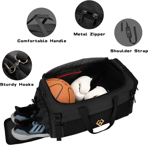 Miniatura 3 de Eackrola Bolsas de gimnasio para hombre con compartimento para zapatos, bolsa de lona deportiva con bolsillo húmedo para mujer, 65L, Negro, Gimnasio