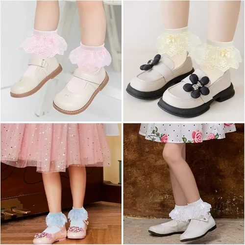 Miniatura 7 de akkilar Paquete de 4 calcetines con volantes para niñas pequeñas con lazo de malla de encaje con ribete de volantes y ojales de princesa para niños