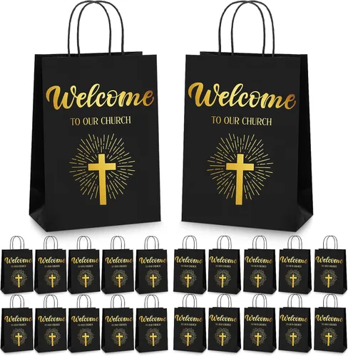 Chuangdi 50 bolsas de regalo de bienvenida a la iglesia, bolsas de papel cristiano con asas para invitados, día de la madre, baby shower, Negro