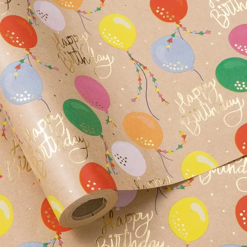 Miniatura 10 de RUSPEPA Rollo de papel de regalo reversible de cumpleaños, mini rollo, diseño de cupcake azul y texto colorido feliz con estrellas, colorido