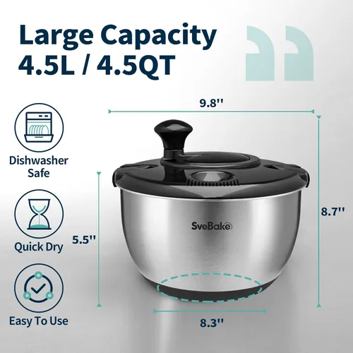 Miniatura 2 de Escurridor de ensalada de acero inoxidable, lavadora de verduras de 4.8 Qt, secador de lechuga sin BPA con diseño de manivela, apto para negro