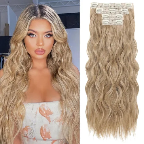 Miniatura 28 de REECHO Extensiones de cabello con pinza, 4 piezas de extensiones de cabello rubio de 24" de largo, ondas de playa gruesas, HE003, trama de encaje