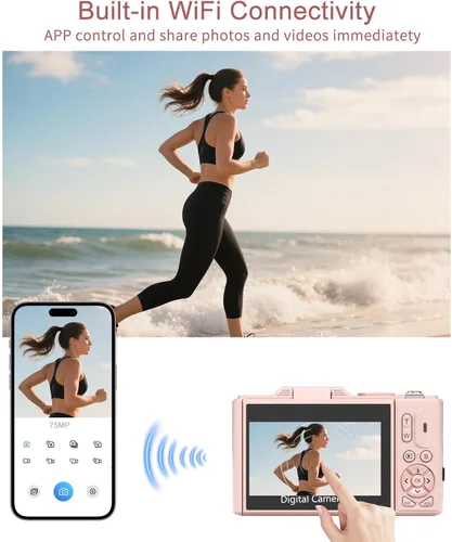 Miniatura 4 de FLATIC Cámara digital 5K, cámaras de 75 MP para fotografía con WiFi y tarjeta TF de 64 GB, cámara de vlogging automático para YouTube con pantalla