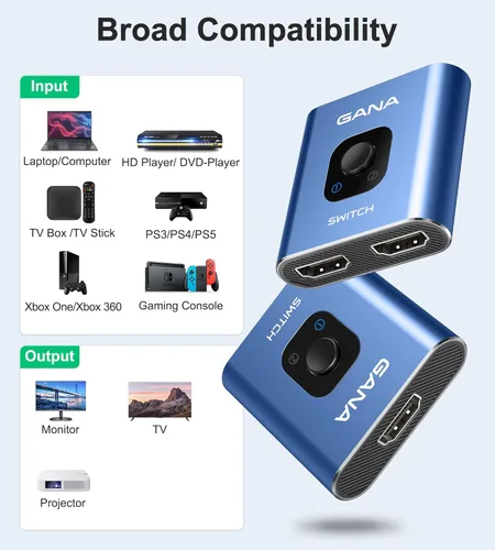 Miniatura 2 de Conmutador HDMI 4k@60hz divisor, GANA conmutador HDMI bidireccional de aluminio 2 en 1 salida, Hub HDMI manual compatible con HD, compatible