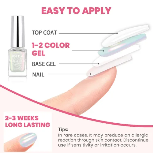 Miniatura 9 de RARJSM Aurora - Esmalte de uñas cromado, polvo de uñas camaleón, líquido metálico, efecto espejo rosa, verde, iridiscente, cromado, para esmalte