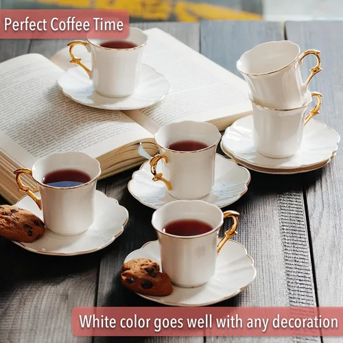 Miniatura 9 de Brew To A Tea Juego de 6 tazas de café turco de porcelana con platillos, color blanco con diseño de ribete dorado y caja de regalo, aptas