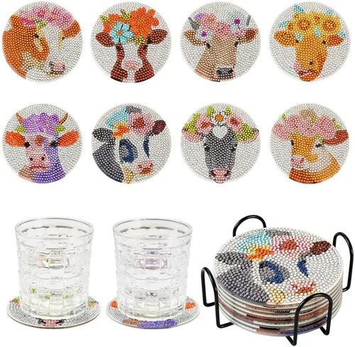 Miniatura 14 de FASHEWELRY 8 posavasos de arte de diamante con soporte para abejas, kit de posavasos de pintura de diamantes para bebidas, kits de arte de diamantes