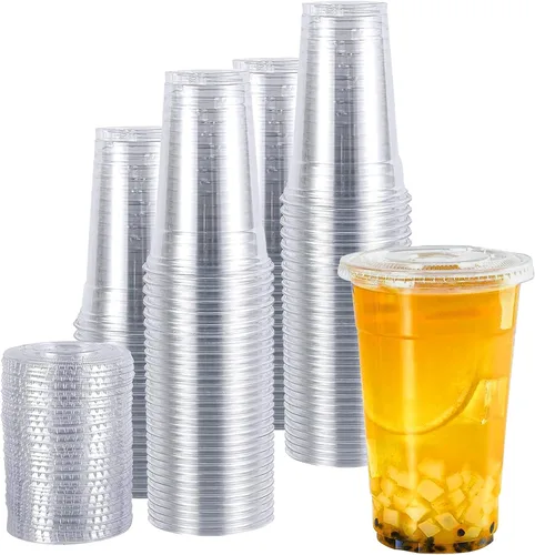 TashiBox Vasos de plástico con tapas [24 oz 100 tazas y 100 tapas planas], vasos de plástico desechables de cristal transparente, tazas de batido