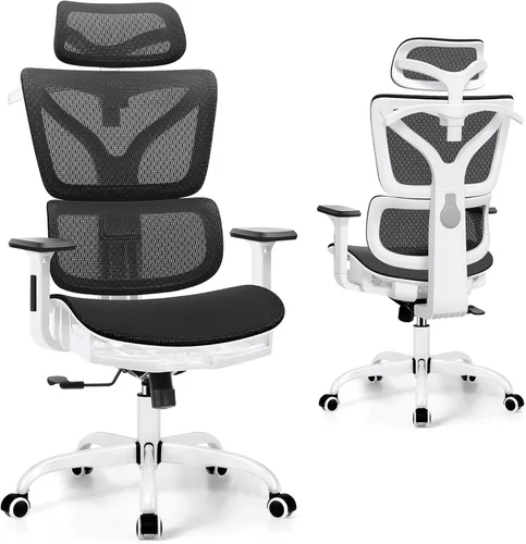 Miniatura 9 de Winrise Silla de oficina y juegos, silla de escritorio ergonómica reclinable con respaldo alto, grande y alta, cómoda oficina en casa, malla Blanco