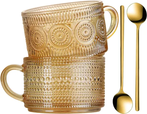 Miniatura 8 de WHJY Tazas de café de vidrio vintage con cuchara, juego de 2 tazas de café de vidrio acanalado expreso, tazas de té en relieve, tazas de té